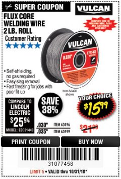 Harbor Freight Coupon FLUX CORE WELDING WIRE Lot No. 63496/63499 Expired: 10/31/18 - $15.99