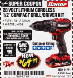 Harbor Freight Coupon BAUER 20 VOLT CORDLESS 1/2" COMPACT DRILL/DRIVER KIT Lot No. 63531 Expired: 11/30/18 - $64.99