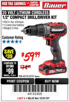 Harbor Freight Coupon BAUER 20 VOLT CORDLESS 1/2" COMPACT DRILL/DRIVER KIT Lot No. 63531 Expired: 12/31/18 - $59.99