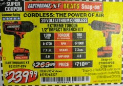 Harbor Freight Coupon EARTHQUAKE XT 20 VOLT CORDLESS EXTREME TORQUE 1/2" IMPACT WRENCH KIT Lot No. 63852/63537/64195 Expired: 12/31/18 - $239.99