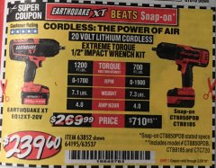 Harbor Freight Coupon EARTHQUAKE XT 20 VOLT CORDLESS EXTREME TORQUE 1/2" IMPACT WRENCH KIT Lot No. 63852/63537/64195 Expired: 1/31/19 - $239.6