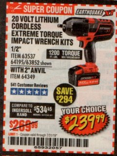 Harbor Freight Coupon EARTHQUAKE XT 20 VOLT CORDLESS EXTREME TORQUE 1/2" IMPACT WRENCH KIT Lot No. 63852/63537/64195 Expired: 7/31/19 - $239.99