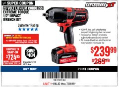 Harbor Freight Coupon EARTHQUAKE XT 20 VOLT CORDLESS EXTREME TORQUE 1/2" IMPACT WRENCH KIT Lot No. 63852/63537/64195 Expired: 7/21/19 - $239.99