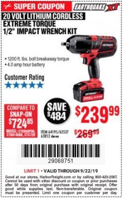Harbor Freight Coupon EARTHQUAKE XT 20 VOLT CORDLESS EXTREME TORQUE 1/2" IMPACT WRENCH KIT Lot No. 63852/63537/64195 Expired: 9/22/19 - $239.99