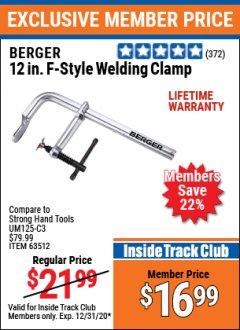 Harbor Freight ITC Coupon 12" F-STYLE WELDING CLAMP Lot No. 63512 Expired: 12/31/20 - $16.99