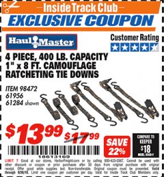 Harbor Freight ITC Coupon 4 PIECE, 400 LB. CAPACITY 1"X8 FT. CAMOFLAGE RATCHETING TIE DOWNS Lot No. 98472/61956/61284 Expired: 9/30/18 - $13.99