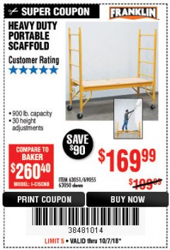 Harbor Freight Coupon HEAVY DUTY PORTABLE SCAFFOLD Lot No. 63050/63051/69055/98979 Expired: 10/7/18 - $169.99