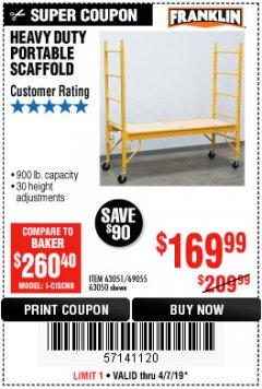 Harbor Freight Coupon HEAVY DUTY PORTABLE SCAFFOLD Lot No. 63050/63051/69055/98979 Expired: 4/7/19 - $169.99