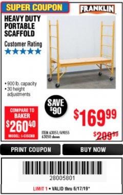 Harbor Freight Coupon HEAVY DUTY PORTABLE SCAFFOLD Lot No. 63050/63051/69055/98979 Expired: 6/30/19 - $169.99