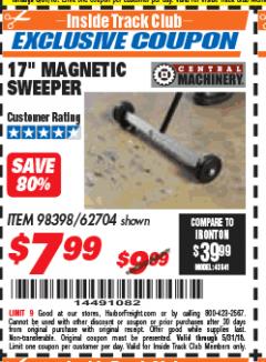 Harbor Freight ITC Coupon 17" MINI MAGNETIC SWEEPER Lot No. 62704/98398 Expired: 5/31/18 - $7.99