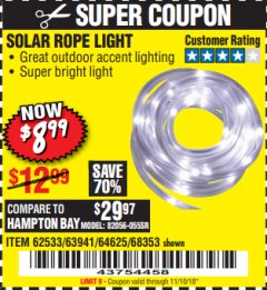 Harbor Freight Coupon SOLAR ROPE LIGHT Lot No. 69297, 56883 Expired: 11/10/18 - $8.99