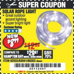 Harbor Freight Coupon SOLAR ROPE LIGHT Lot No. 69297, 56883 Expired: 10/1/18 - $8.99