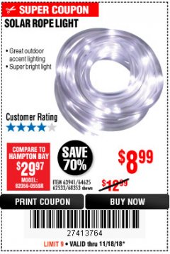 Harbor Freight Coupon SOLAR ROPE LIGHT Lot No. 69297, 56883 Expired: 11/18/18 - $8.99