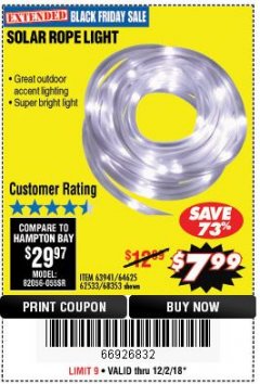 Harbor Freight Coupon SOLAR ROPE LIGHT Lot No. 69297, 56883 Expired: 12/2/18 - $7.99