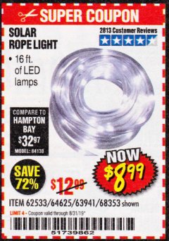 Harbor Freight Coupon SOLAR ROPE LIGHT Lot No. 69297, 56883 Expired: 8/31/19 - $8.99