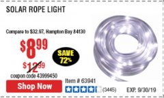 Harbor Freight Coupon SOLAR ROPE LIGHT Lot No. 69297, 56883 Expired: 9/30/19 - $8.99