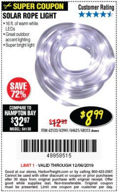 Harbor Freight Coupon SOLAR ROPE LIGHT Lot No. 69297, 56883 Expired: 12/6/19 - $8.99