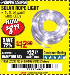 Harbor Freight Coupon SOLAR ROPE LIGHT Lot No. 69297, 56883 Expired: 2/4/20 - $8.99