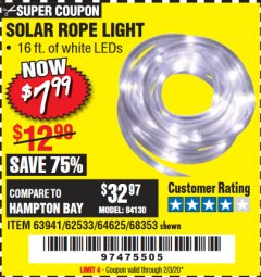 Harbor Freight Coupon SOLAR ROPE LIGHT Lot No. 69297, 56883 Expired: 2/3/20 - $7.99