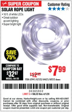 Harbor Freight Coupon SOLAR ROPE LIGHT Lot No. 69297, 56883 Expired: 4/1/20 - $7.99