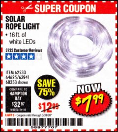 Harbor Freight Coupon SOLAR ROPE LIGHT Lot No. 69297, 56883 Expired: 3/31/20 - $7.99