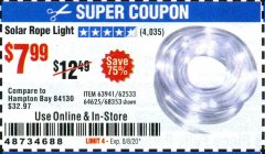 Harbor Freight Coupon SOLAR ROPE LIGHT Lot No. 69297, 56883 Expired: 8/8/20 - $7.99
