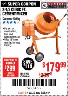 Harbor Freight Coupon 3-1/2 CUBIC FT. CEMENT MIXER Lot No. 67536/61932 Expired: 8/26/18 - $179.99