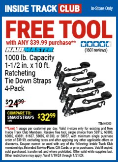 Harbor Freight FREE Coupon 1000 LB. CAPACITY 1-1/2" X 10 FT. RATCHETING TIE DOWN Lot No. 62759/61302 Expired: 1/21/24 - FWP