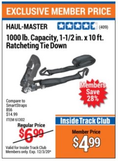 Harbor Freight ITC Coupon 1000 LB. CAPACITY 1-1/2" X 10 FT. RATCHETING TIE DOWN Lot No. 62759/61302 Expired: 12/3/20 - $4.99