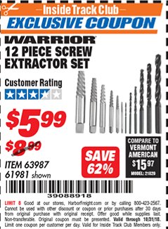Harbor Freight ITC Coupon 12 PIECE SCREW EXTRACTOR SET Lot No. 61981 Expired: 10/31/18 - $5.99