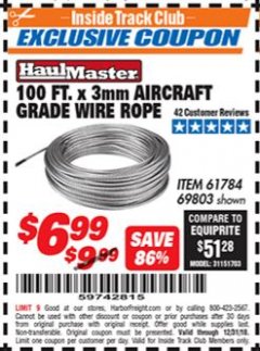 Harbor Freight ITC Coupon 3MM X 100FT AIRCRAFT GRADE WIRE ROPE Lot No. 61784/69803 Expired: 12/31/18 - $6.99
