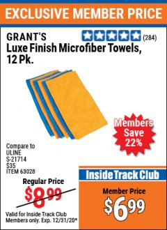 Harbor Freight ITC Coupon 16" X 16" LUXE FINISH MICROFIBER TOWELS PACK OF 12 Lot No. 63359/63251/63028 Expired: 12/31/20 - $6.99