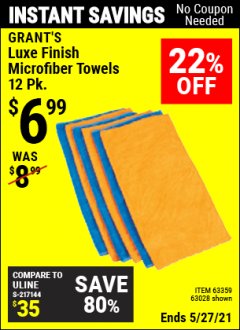 Harbor Freight Coupon 16" X 16" LUXE FINISH MICROFIBER TOWELS PACK OF 12 Lot No. 63359/63251/63028 Expired: 4/29/21 - $6.99