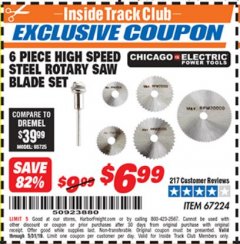 Harbor Freight ITC Coupon 6 PIECE HIGH SPEED ROTARY SAW BLADE SET Lot No. 67224 Expired: 5/31/19 - $6.99