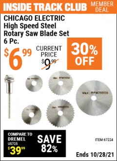 Harbor Freight ITC Coupon 6 PIECE HIGH SPEED ROTARY SAW BLADE SET Lot No. 67224 Expired: 10/28/21 - $6.99