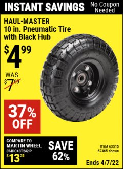 Harbor Freight Coupon 10" PNEUMATIC TIRE WITH BLACK HUB Lot No. 63515/67465 Expired: 4/7/22 - $4.99