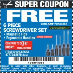 Harbor Freight FREE Coupon 6 PIECE SCREWDRIVER SET Lot No. 62570 Expired: 10/1/18 - FWP