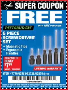 Harbor Freight FREE Coupon 6 PIECE SCREWDRIVER SET Lot No. 62570 Expired: 1/7/19 - FWP