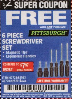 Harbor Freight FREE Coupon 6 PIECE SCREWDRIVER SET Lot No. 62570 Expired: 4/10/19 - FWP