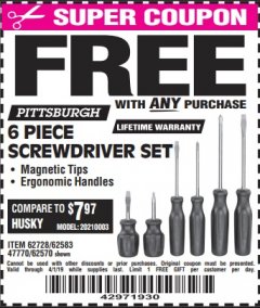 Harbor Freight FREE Coupon 6 PIECE SCREWDRIVER SET Lot No. 62570 Expired: 4/1/19 - FWP