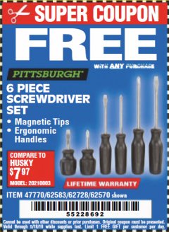 Harbor Freight FREE Coupon 6 PIECE SCREWDRIVER SET Lot No. 62570 Expired: 5/18/19 - FWP