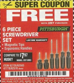 Harbor Freight FREE Coupon 6 PIECE SCREWDRIVER SET Lot No. 62570 Expired: 6/4/19 - FWP