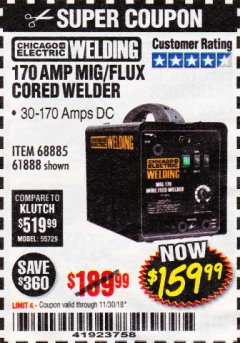 Harbor Freight Coupon 170 AMP MIG/FLUX WIRE FEED WELDER Lot No. 68885/61888 Expired: 11/30/18 - $159.99