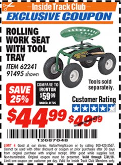 Harbor Freight ITC Coupon ROLLING WORK SEAT WITH TOOL TRAY Lot No. 62241/91495 Expired: 7/31/18 - $44.99