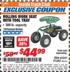 Harbor Freight ITC Coupon ROLLING WORK SEAT WITH TOOL TRAY Lot No. 62241/91495 Expired: 5/31/19 - $44.99