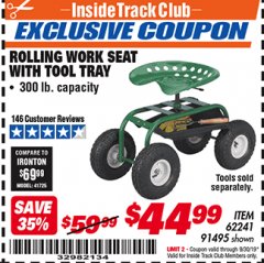 Harbor Freight ITC Coupon ROLLING WORK SEAT WITH TOOL TRAY Lot No. 62241/91495 Expired: 9/30/19 - $44.99