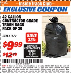 Harbor Freight ITC Coupon 42 GALLON CONTRACTOR GRADE TRASH BAGS PACK OF 20 Lot No. 61579 Expired: 8/31/18 - $9.99