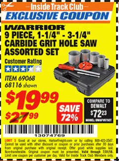 Harbor Freight ITC Coupon 9 PIECE, 1-1/4" - 3-1/4" CARBIDE GRIT HOLE SAW ASSORTED SET Lot No. 69068/68116 Expired: 7/31/18 - $19.99