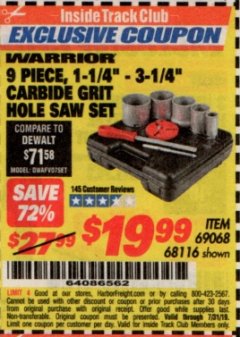 Harbor Freight ITC Coupon 9 PIECE, 1-1/4" - 3-1/4" CARBIDE GRIT HOLE SAW ASSORTED SET Lot No. 69068/68116 Expired: 7/31/19 - $19.99