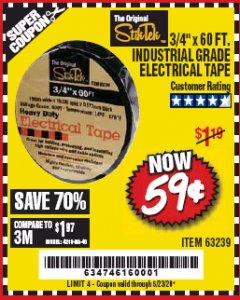 Harbor Freight Coupon 3/4" X 60 FT. INDUSTRIAL GRADE ELECTRICAL TAPE Lot No. 63239 Expired: 6/30/20 - $0.59